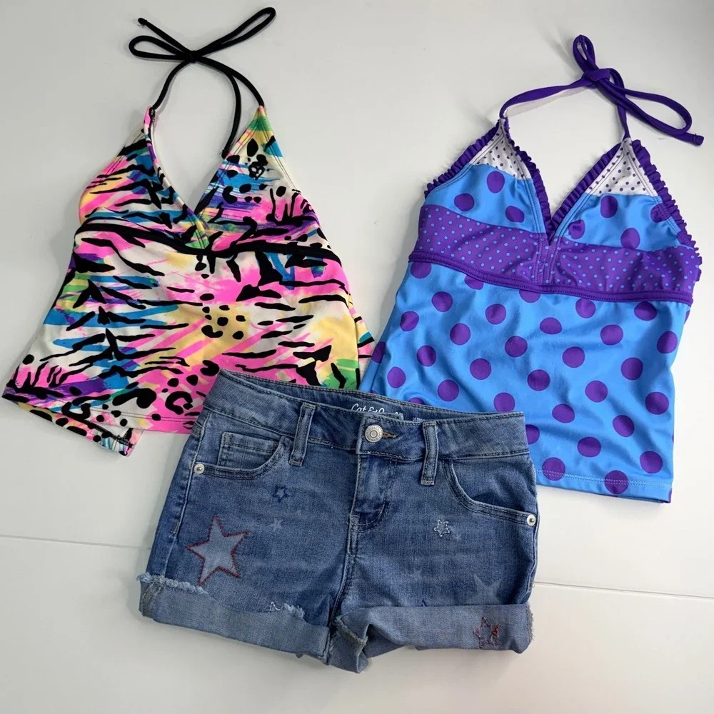 Girls Outfit 8 Justice‎ Swim Tankini Top Cat & Jack Denim Shorts Summer Bundle/4